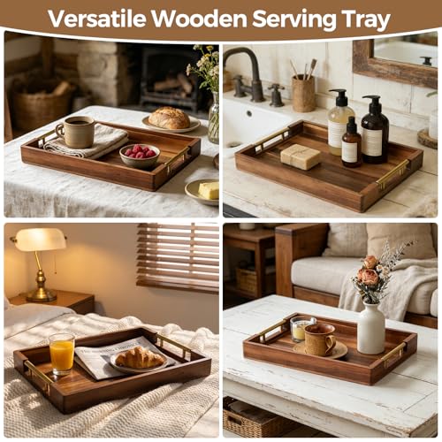 Acacia Wood Serving Tray with Golden Handles