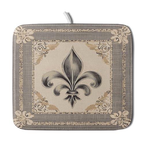 Mardi Gras Dish Drying Mat for Kitchen Vintage Fleur De Lis Print Dish Drainer Mats 16x18inch Country Style Dish Drying Rack Pad Protector for Countertop Dining Holiday Decor