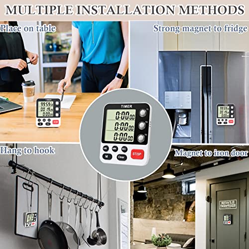 Digital 3 Channels Kitchen Cooking Multiple Timer with Large LCD Count Up Down Stopwatch ON Off Switch Timer for Teaching Reading 3