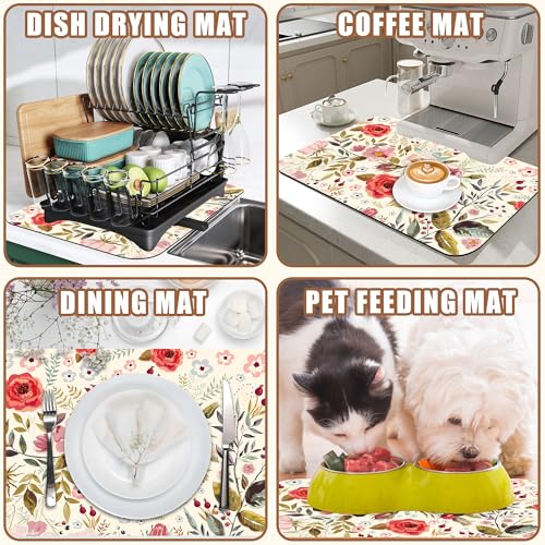 Vintage Flowers Coffee Mat Rose Berries Dish Drying Mat for Kitchen Counter Hide Stain Absorbent Rubber Backed Coffee Bar Accessories Fit Under Espresso Machine Dish Drainer