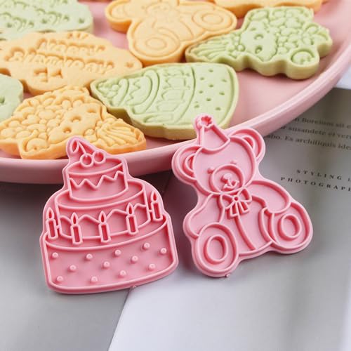 8PCS Happy Birthday Cookie Cutter Sets 3D Plastic Cookie Cutters with Plunger Stamps Pressable Biscuit Mold Cookie Molds Cake Baking Fondant Cutter Birthday Party DIY Cookie Decorating Supplies (8 Count)