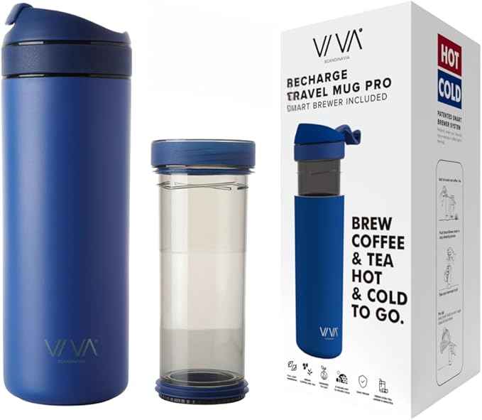 VIVA Recharge Blue Insulated Tea & Coffee Mug & Travel French Press Coffee Maker, 16 oz, Brew & Drink From the Same Coffee Mug On the Go or Camping