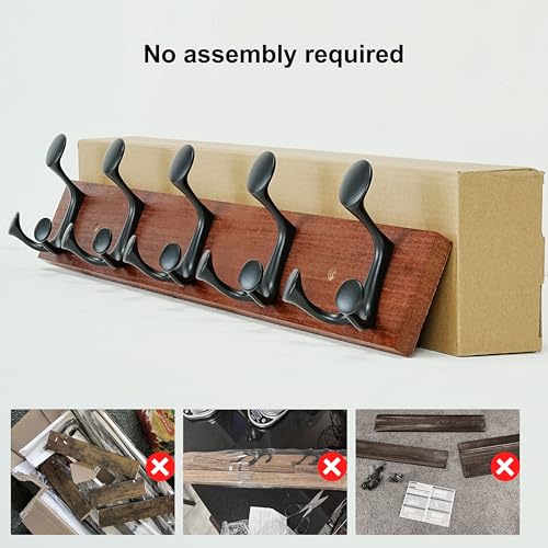 24 Inch Cherry Wood Coat Rack Wall Mount with 5 Triple Hooks