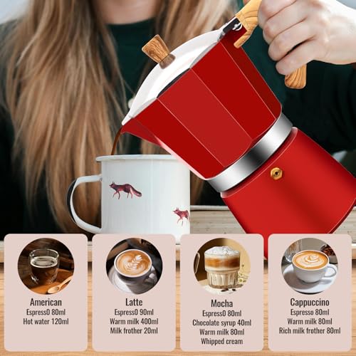 12 Cup Aluminum Moka Pot Classic Stovetop Espresso Coffee Maker 600ml 20oz Coffeemaker Percolator Mocha Pot Greca Coffee Maker Cafe Makers for Italian and Cuban Café Brewing Red