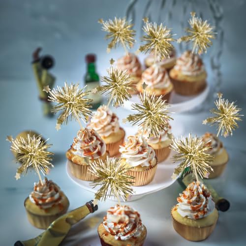 30Pcs Foil Firework Cupcake Toppers Sparkle Tinsel Cake Toppers Tinsel Drink Cake Decoration Cocktail Picks for Halloween Birthday Wedding Graduation Party Supplies Light Gold Star (30 Count)