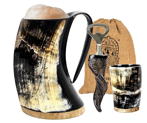 Viking Horn Mug 16oz set with Shot Glass Bottle Opener