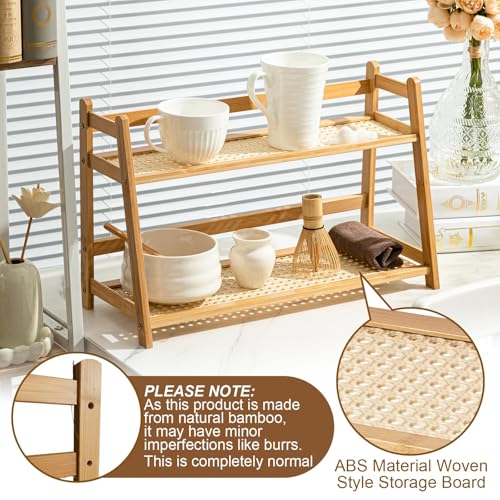 2 Pcs 17.7 Inch 2 Tier Matcha Station Shelf Bamboo Coffee Mug Stand Countertop Storage Rack (2 Count)