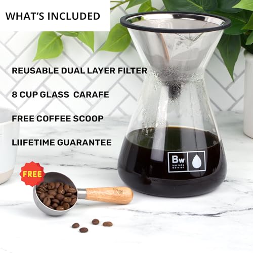 Pour Over Coffee Maker with Glass Carafe and Reusable Stainless Steel Dripper (2 Count)
