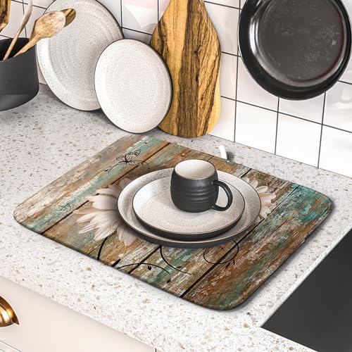 Rustic Daisy Board Dish Drying Mat for Kitchen Countertop 16x18 inch Fall Sunflower on Wooden Plank Dish Drainer Mats Fast Drying Country Shabby Chic Vintage Kitchen Drying Decor