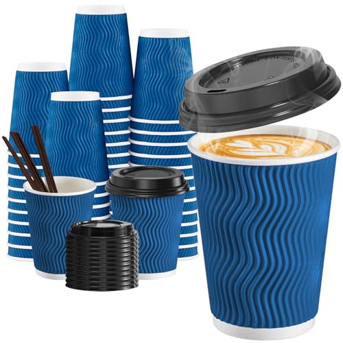 90 Pack 12 oz Disposable Coffee Cups with Lids and Straws (90 Count)