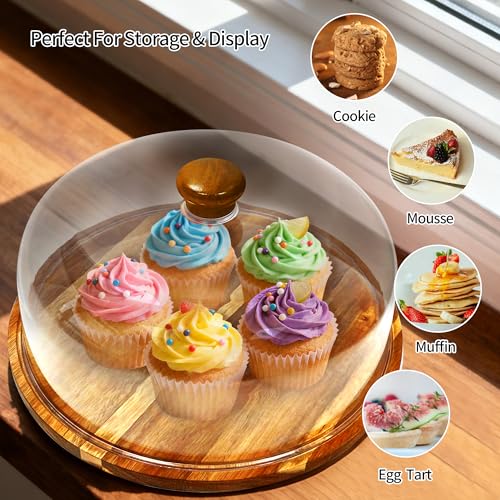 Wood-Cake-Stand With Acrylic Lid, Round Acacia Cake Holder With Cover, 2-in-1 Cake Plate with Dome, Dessert Table Display Set For Party, Charcuterie Board For Cheese, Chips & Dips, Nachos, Fruit Platter