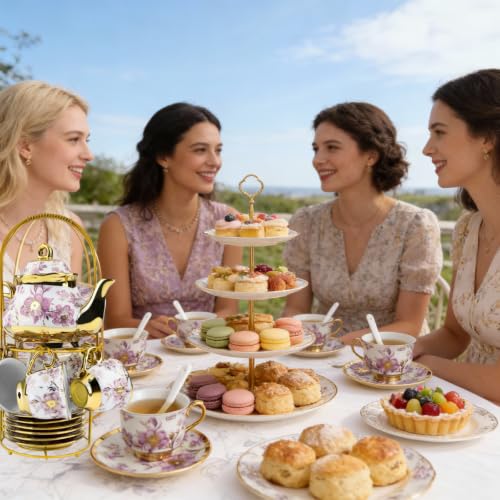 20 Pcs Porcelain Tea Set with Metal Holder (20 Count)