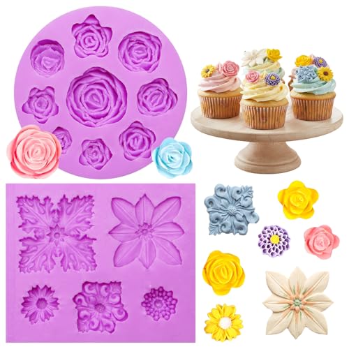 Rose Chocolate Mold Flower Molds Silicone for Cupcake Topper Candy Cookie Clay Crafting Projects Set of 2
