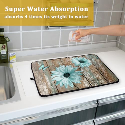 Rustic Daisy Dish Drying Mat for Kitchen Countertop 18x24 inch Teal Sunflowers on Wooden Board Dish Drainer Mats Fast Drying Country Vintage Shabby Chic Flower Dish Drying Pad Decor Large