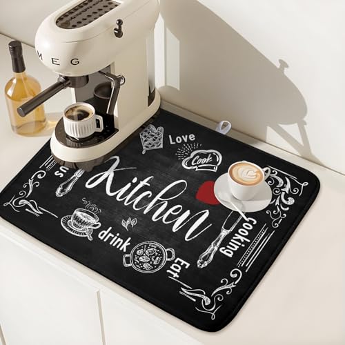 Black Coffee Bar Dish Drying Mats for Kitchen Counter 18x24 Inch