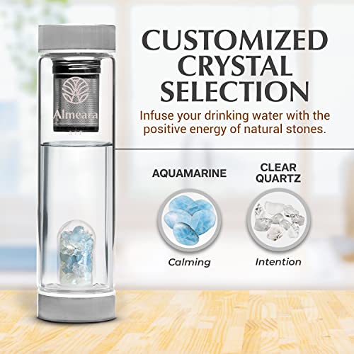 Crystal Water Bottle with Authentic Aquamarine Stones and Clear Quartz Removable Gemstones