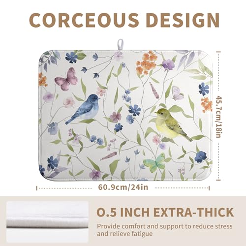 Spring Floral Birds Dish Drying Mats Spring Summer Dish Mat Green Leaf Butterfly Drying Matt Dishes Dryer Pad for Kitchen Counter Absorbent Microfiber Washable Foldable Reusable 18x24 in