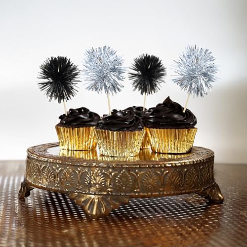 30Pcs Foil Firework Cupcake Toppers Sparkles Fireworks Sticks Birthday Decorations Sparkle Tinsel Cocktail Fruit Toothpick for Birthday Wedding Graduation Party Cake Decorations Black Silver (30 Count)