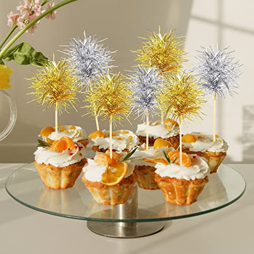 100 Pcs Foil Firework Cupcake Toppers Gold and Silver Sparkle Tinsel Cake Toppers New Year Cake Decoration Cocktail Fruit Toothpick for Birthday Wedding Graduation Party (100 Count)