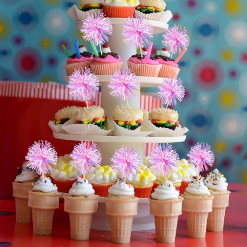 30Pcs Foil Firework Cupcake Toppers Sparkle Tinsel Cake Toppers Tinsel Drink Cake Decoration Cocktail Picks for Birthday Wedding Graduation Party Supplies Laser Rose Red (30 Count)