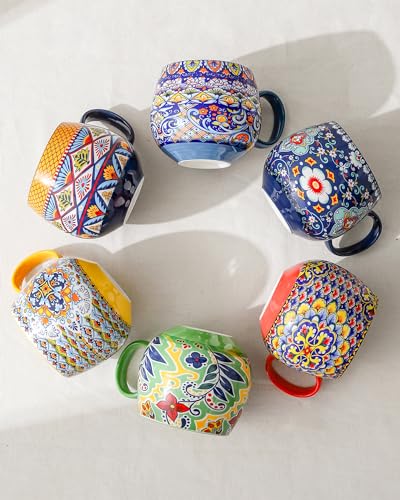 Large Boho Ceramic Coffee Mugs Set of 6