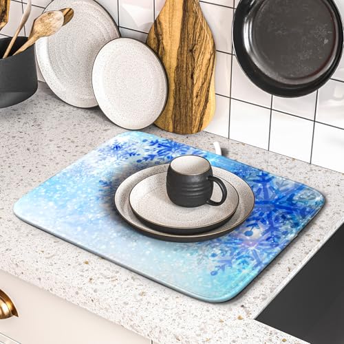 16"x18" Winter Blue Snowflakes Dish Drying Mat Christmas Snow Falling Nature Ice Dish Drainer Mats for Kitchen Microfiber Reversible Dish Drying Rack Pad for Countertop Tabletop Decor