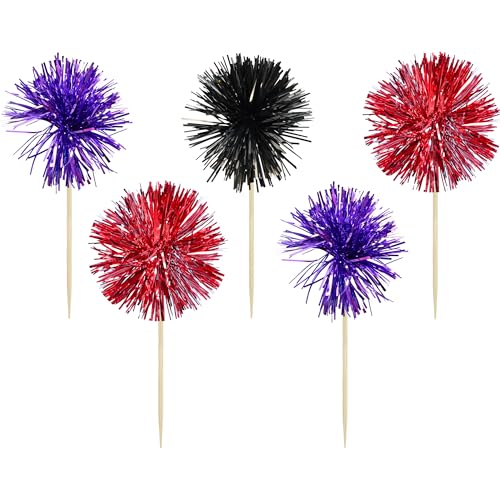 30Pcs Foil Firework Cupcake Toppers Sparkle Tinsel Cake Toppers Tinsel Drink Cake Decoration Cocktail Picks for Halloween Birthday Wedding Graduation Party Supplies Purple Black Red (30 Count)