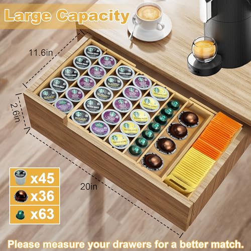 Bamboo K Cup Holder for Drawer or Countertop Coffee Pod Holder Expandable K Cup Pod Storage Tea bag organizer K Cup Storage for Coffee Station Home Office and Kitchen
