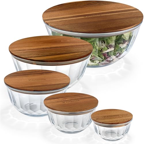 Large Stackable Glass Mixing Bowls with Acacia Lids Set of 5