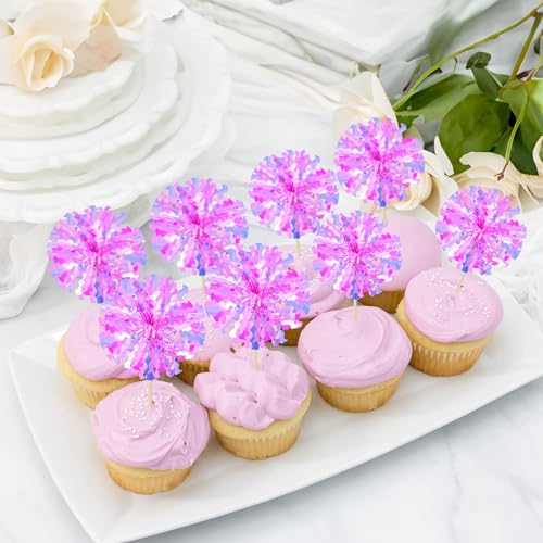 30Pcs Foil Firework Cupcake Toppers Happy Birthday Cake Toppers Tinsel Flower Drink Stirrers Cocktail Food Fruit Toothpicks for Valentine's Day Party Decorations Rose Red (30 Count)