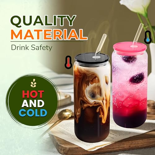 8pcs Glass Cups with Acrylic Lids and Straws 20 oz Drinking Glasses (8 Count)