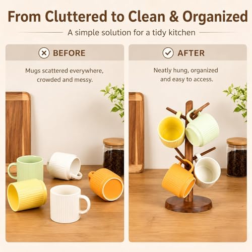 Acacia Wood Coffee Mug Tree Holder Countertop with 6 Hooks