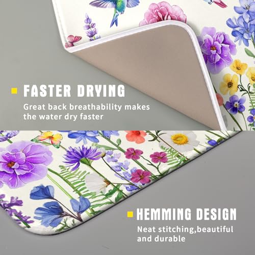 Hummingbird Flower Dish Drying Mat 16x18 inch Watercolor Spring Herb Floral Dish Drainer Mats Wildflower Plant Reversible Microfiber Dish Drying Pad for Kitchen Countertop Small Decor