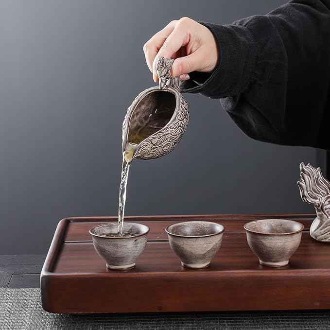 fanquare Semi Auto Kungfu Tea Set, Handmade Chinese Dragon Ceramic Tea Set Gift Box, 9 Piece Lazy Gongfu Tea Set for 6, Rotating Gaiwan, Infuser,Fair Cup, Grey