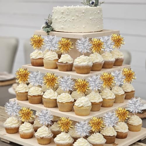 40 PCS Foil Firework Cupcake Toppers Sparkle Tinsel Cupcakae Picks Foil Firework Party Decorations Cocktail Fruit Toothpick for Fireworks Theme Birthday Wedding Graduation Party Decoration Gold Silver (40 Count)