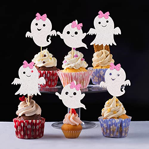24Pcs Ghost Cupcake Toppers Pink Halloween Baby Shower Decor (24 Count)