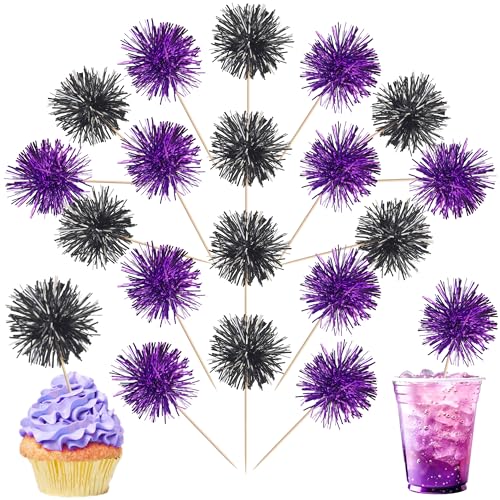 40 PCS Foil Firework Cupcake Toppers Sparkle Tinsel Cupcake Picks Fireworks Birthday Party Decorations Cocktail Fruit Toothpick for Birthday Wedding Graduation Party Decorations Supplies Black Purple (40 Count)