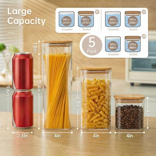 Square Glass Storage Containers with Bamboo Lids for Pasta & Flour (5 Count)