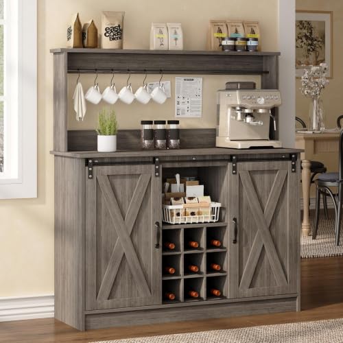 47" Coffee Bar Cabinet with Storage Hutch & Wine Rack