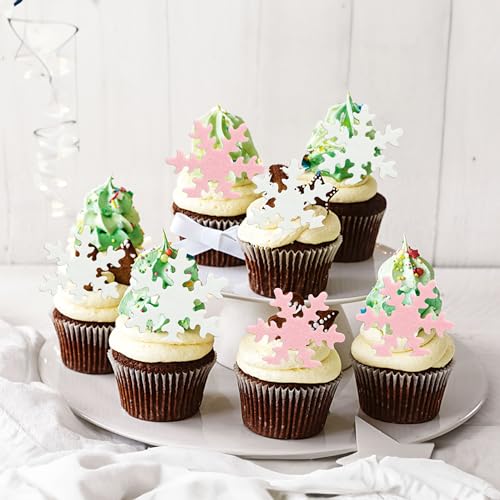 50Pcs Pink Edible Cupcake Cake Toppers Snowflake Cake Decorations for Christmas Winter Frozen Theme Party Supply Decoration Pink White (50 Count)