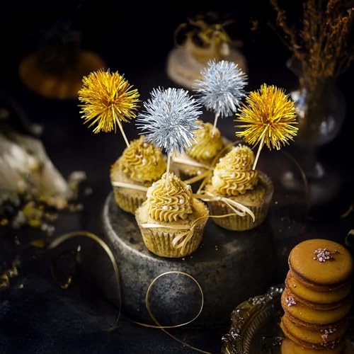 30Pcs Foil Firework Cupcake Toppers Party Birthday Cake Toppers Supplies Sparkle Tinsel Cocktail Fruit Toothpick for Birthday Wedding Graduation Party Supplies Gold Silver (30 Count)