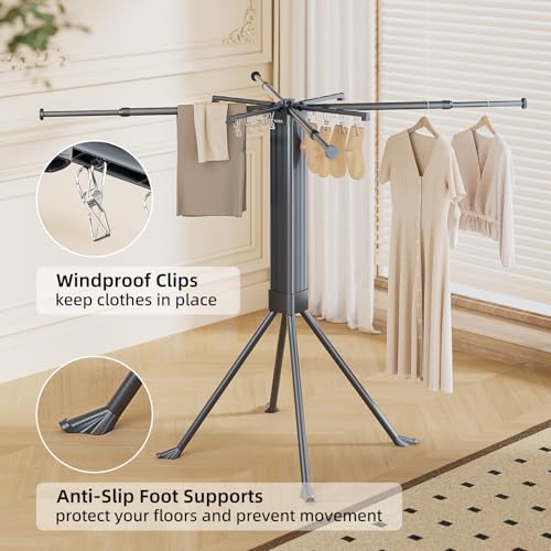 Clothes Drying Rack Foldable Extending Laundry Rack with 16 Clips Collapsible Clothing Rack Space