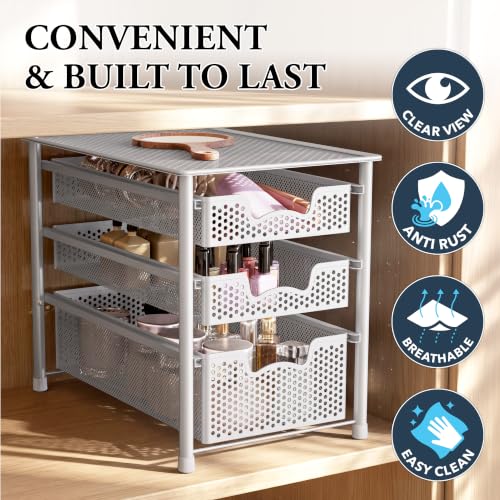 3 Tier White Alloy Steel Sliding Basket Organizer Drawer Cabinet