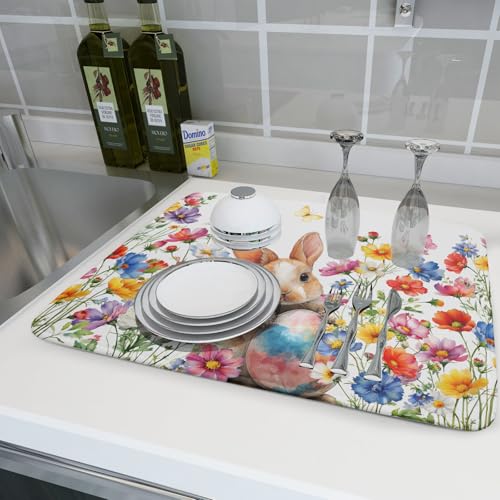 Spring Easter Rabbit Egg Dish Drying Mat for Kitchen Counter
