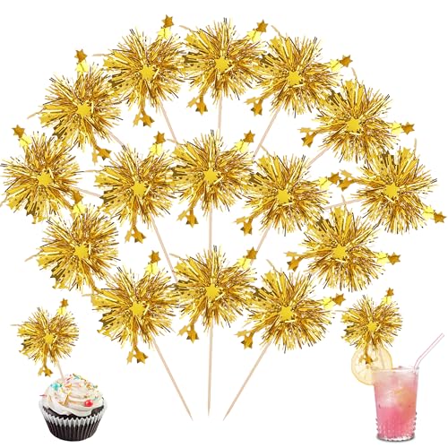30 PCS Foil Firework Cupcake Toppers Star Cupcake Picks Sparkle Tinsel Flower Drink Stirrers Cocktail Food Fruit Toothpicks for Baby Shower Wedding Birthday Party Cake Decorations Supplies Gold (30 Count)