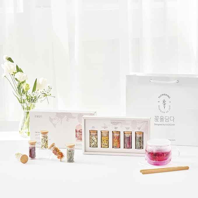 KKOKDAM Lovely Blossom Flower Tea Sampler in Glass Jars - Premium 5 Loose Leaf Herbal Tea Variety Pack, Women & Mom Gift Box