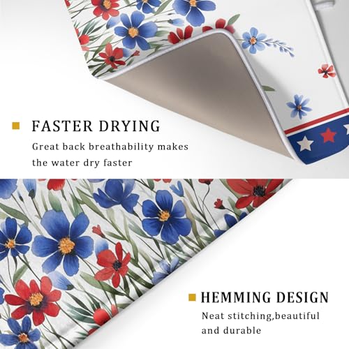 4th of July Dish Drying Mats for Kitchen Counter Summer Flowers Patriotic Kitchen Mats 18x24 Inch Absorbent Microfiber Drainer Mats Independence Day Dishes Pad Quick Dry for Tableware Protector Decor
