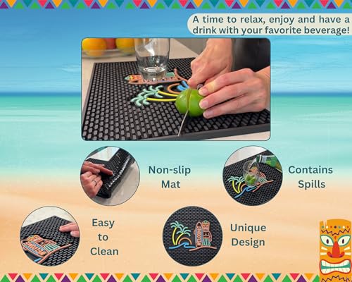 Tiki Bar Mats for Countertop 18 x 12 Tiki Bar Decor Mat Unique Tiki Man Warrior Design with Surfboard Welcome Greeting Tiki Decor