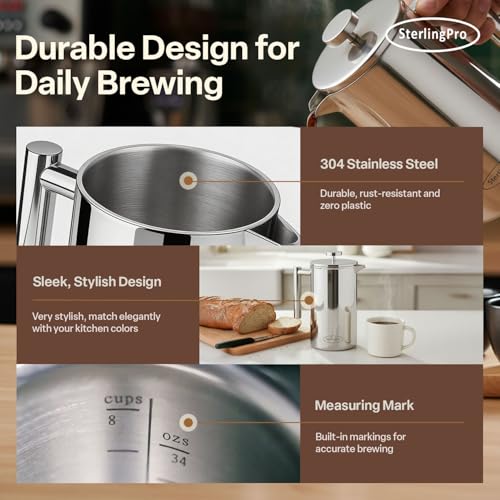 Non Toxic Insulated Stainless Steel French Press Coffee Maker 34oz
