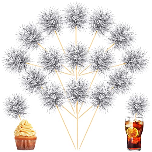 100 Pcs Silver Foil Firework Cupcake Toppers New Year Sparkle Tinsel Cake Toppers Cake Decoration Cocktail Fruit Toothpick for Birthday Wedding Graduation Party (100 Count)